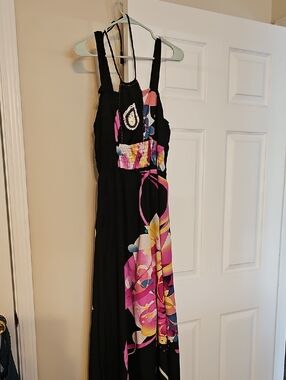 Signature Black Maxi Dress with Pink, Yellow & Blue Floral Accents